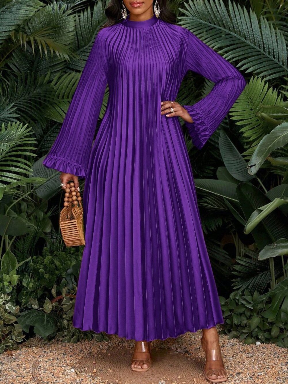 Purple Modest Women's Plus Size Tropical Stand Collar Maxi Dress - Picture 3 of 6